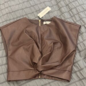 Commense Chocolate Brown Faux-Leather Twist Front Crop Top